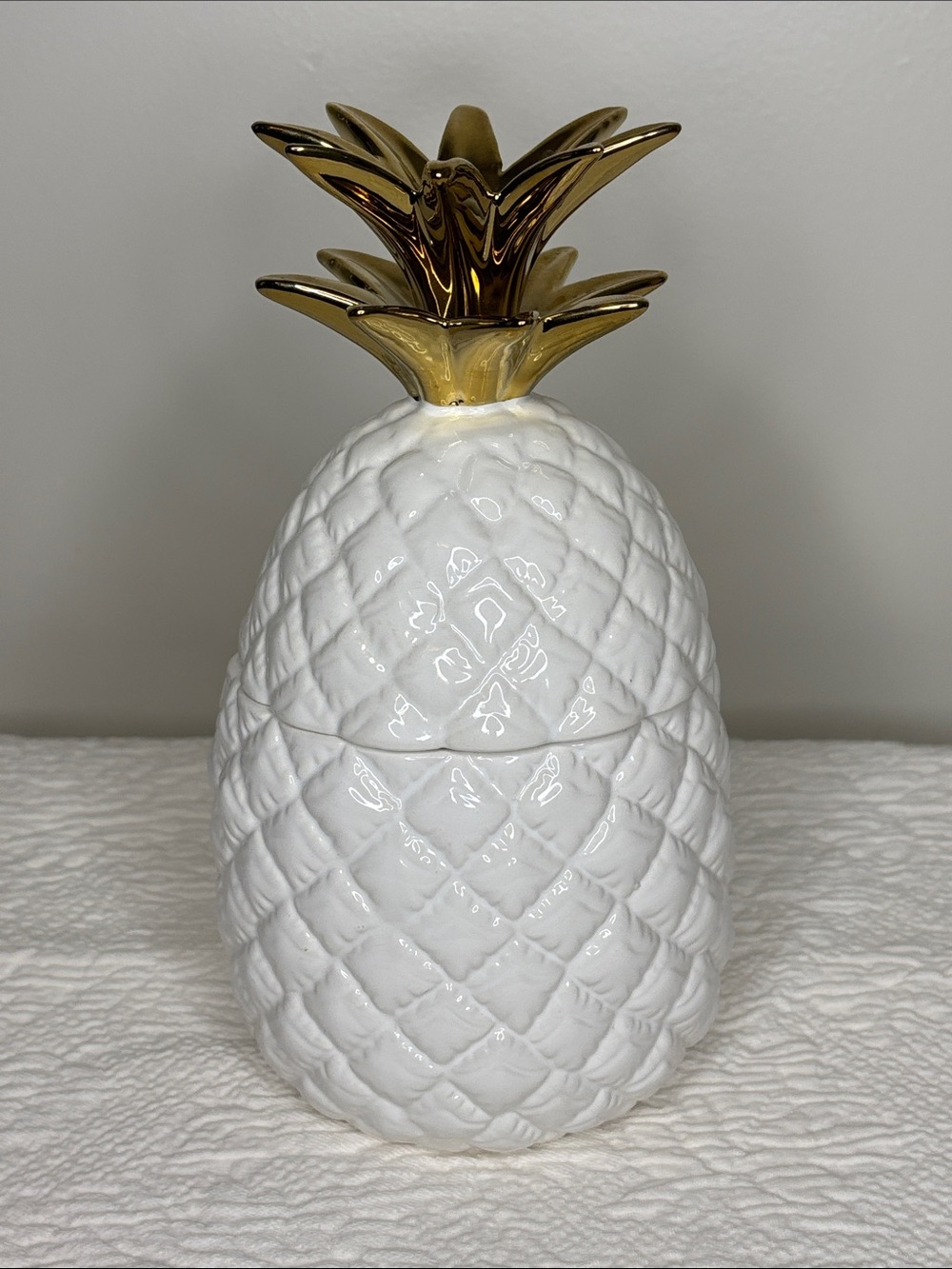 White Ceramic Pineapple Jar with Gold Top